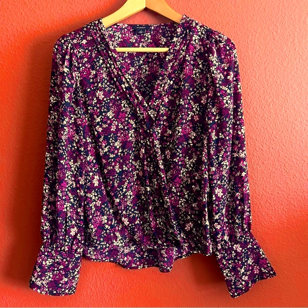 HALOGEN Floral Pintuck Pleated Wrap Blouse In Rich Black, Burgundy & Pink Sz S